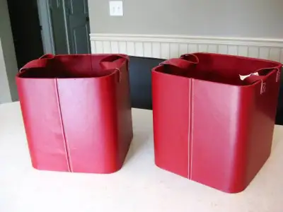 Pair of Red Leather Cube Organizer Cube basket with handles, View more