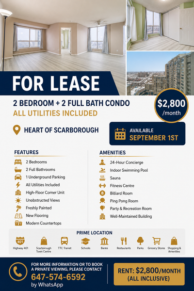 FOR RENT 2+1 Bedroom, 2 Bathroom Well Maintained Condo in Scarborough * 1 Underground Parking Space...