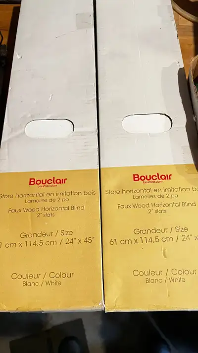 Bouclair Faux Wood White 2” blinds 24”x45” Brand new in box. Two sets. $35 each or both for $60.