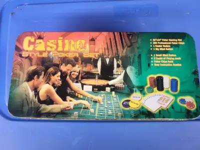 Complete Casino Style Poker Set in a collectible tin case. Great for casual poker nights or as a sta...