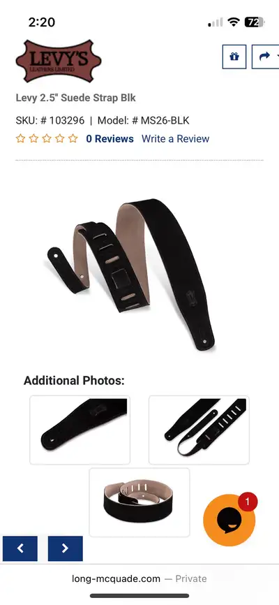 Levys Guitar Strap 2.5” Suede, View more