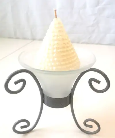 Frosted Glass  Wrought Iron Candle Holder with Cone Candle Vint., View more