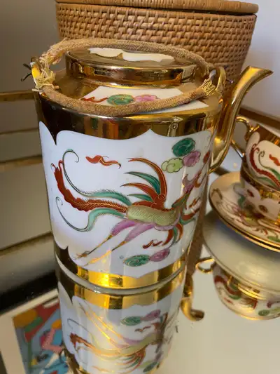 Vintage Chinese Tea Pot and cozy basket with cup & saucers, View more
