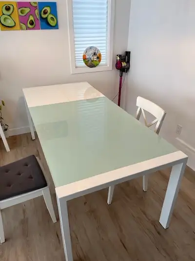 expandable dining table with two wooden chairs, View more