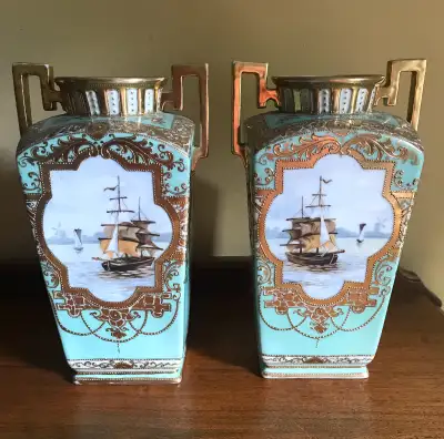 Pair of Antique Noritake Urn Vases Hand Painted Gilt Turquoise, View more