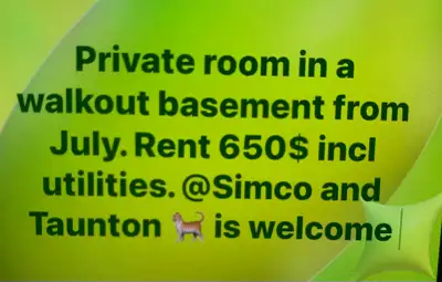 Secure this private room in a bright walkout basement, available starting in July for $650 per month...