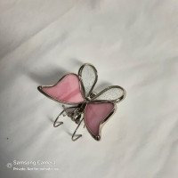Vintage Thick Stained Glass Pink Rose Butterfly Silver Tone