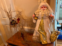 Santa figurine (approx 2 feet tall) and three gold wire reindeer