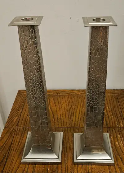 PAIR OF MODERNIST METAL TAPERED CANDLE HOLDERS 14", View more