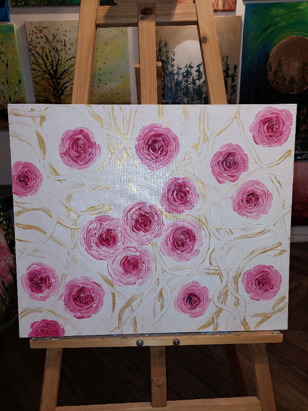 Original artwork - Pink Roses and Gold Ribbons in Arts & Collectibles in Hamilton - Image 2