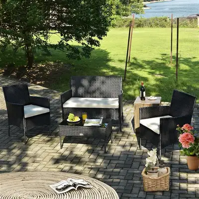 New 4PC Rattan Patio Set with Cushions & Coffee Table, View more