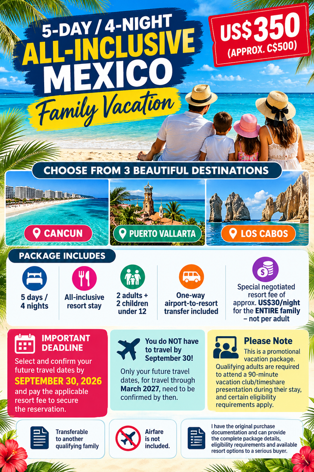  5-Day / 4-Night ALL-INCLUSIVE Mexico Family Vacation – US$350