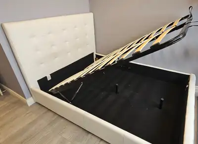 White Leather Queen Storage Bed with Hidden Hydraulic Storage, View more