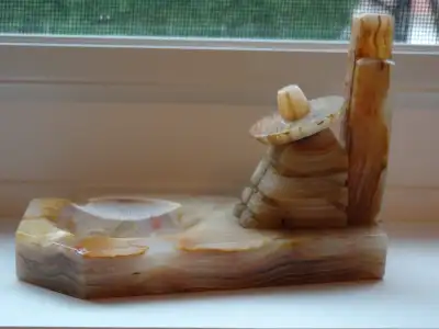 Vintage ash tray. Mexican theme made of onyx or agate. 4 matching cube paper weights available for a...