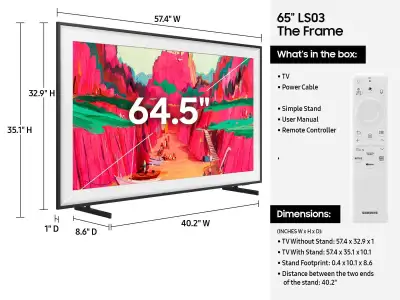 SAMSUNG-FRAME TV-QLED TV-65"ULTRA HD-4K-SMART-INBOX-$1099-NO TAX, View more