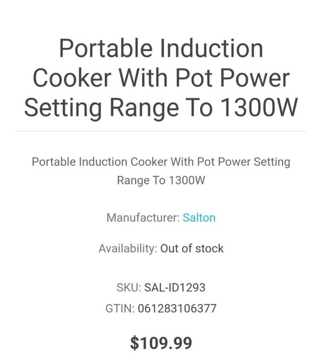 Salton Portable Induction Cooktop in Stoves, Ovens & Ranges in Brantford - Image 2