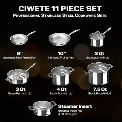 New 11-Piece Tri-Ply Stainless Cookware Sets, View more