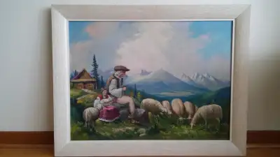 Gorgeous antique landscape oil painting with sheep., View more