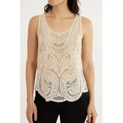 Say What Cream Sheer Lace Tank Top Floral Boho Festival Size M, View more