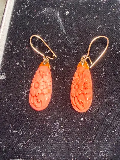 Vintage 14K Gold Carved Pink Angel Skin Coral Flower Earrings, View more