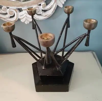 Vintage brass & black metal pentagon 5 candle holder candelabra, View more