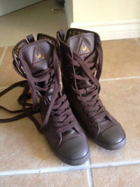 Le-Coq-Sportif Lace Up Mid-Calf brown leather Boots -size 5