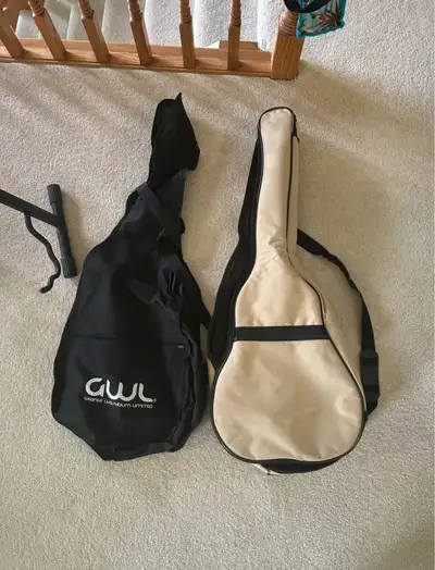 Guitar stand and 2 cases. Black case - canvas material Beige case - soft sided Pet friendly home