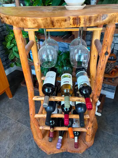 Hand crafted wooden wine rack and end tables., View more