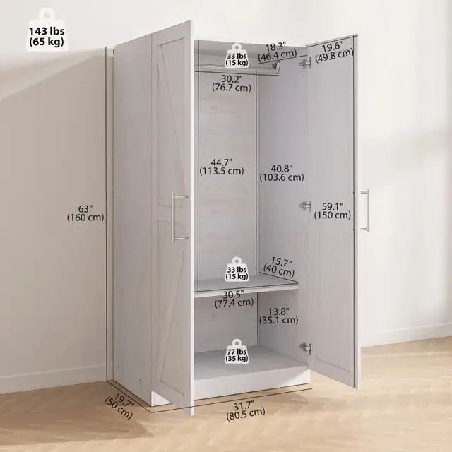 Wardrobe Cabinet with Hanging Rod, Anti-Tipping and 2 Barn Doors in Dressers & Wardrobes in Markham / York Region - Image 3