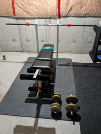 GYM BENCH - BAR AND WEIGHTS - LIKE NEW