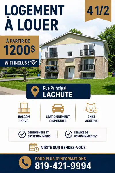 Contact 819-808-6214 1 mois de loyer gratuit – Payez seulement à partir de 1100$ / mois la première...