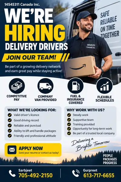 Delivery Drivers Needed - 14545311 Canada Inc., View more