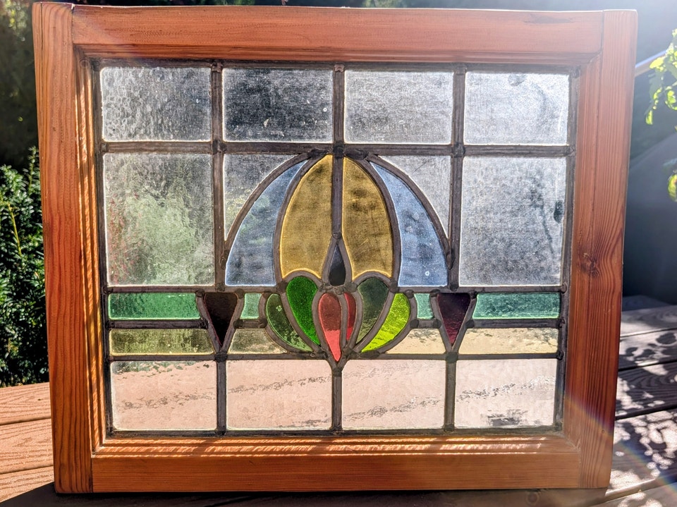 Vintage Leaded Stained Glass Window Panel – Floral - 21.5