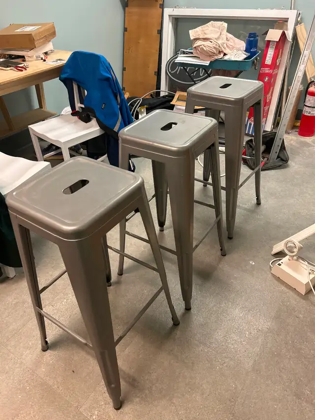 3 stackable grey metal bar stools in Chairs & Recliners in Annapolis Valley - Image 2