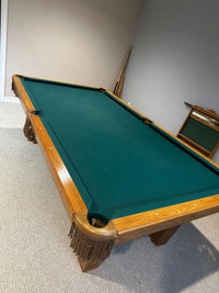 Pool Table with scoreboard, cues, balls and brushes