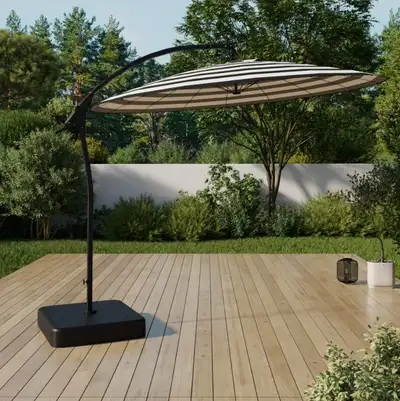 HOMETRENDS 10 ft. Round Offset Shanghai Patio Umbrella with Base, Black & White Stripe About this it...