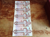 Canadain two dollar bills set of five sequentially numbered
