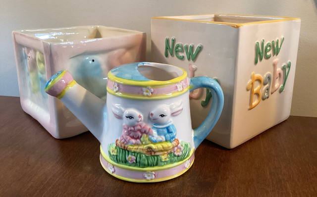 2 Ceramic “New Baby” Planters and 1 Baby Watering Can/Planter dans Autre  à Ouest de l’Île