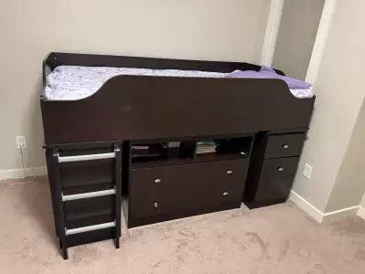 I have a kid twin bed with mattress and box springs. The unit comes with 6 drawers, and four cabinet...
