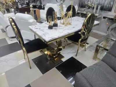 Brand New Modern White Marble Dining Table with Gold Base, View more