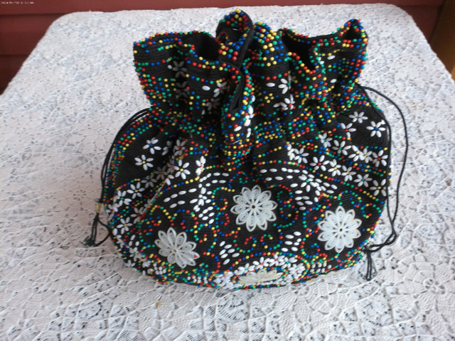 Vintage 70’s Black White Multi Colored Beaded Drawstring Purse in Women's - Bags & Wallets in New Glasgow