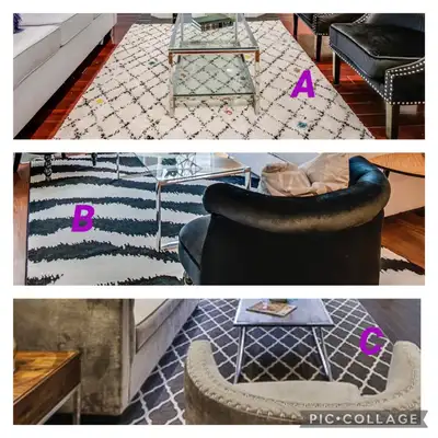 Various area rugs used for staging. Like new condition. A. 6'x9' $120 B. 6'x9' $120 C. 6'x9' $120