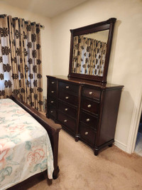 Solid wood Queen size bed set with side table and dresser 