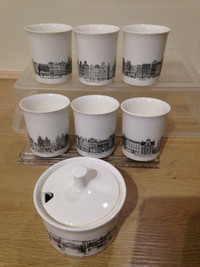 6 Dutch canal scene cups/tumblers & sugar bowl