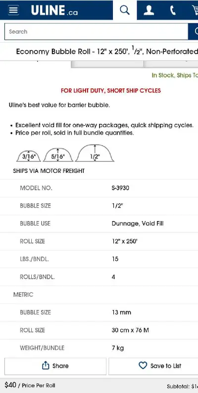 Uline Bubble Roll (Moving Supplies) Brand New, View more