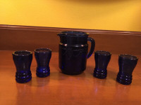 Vintage Miniature Cobalt Blue Pressed Glass Pitcher and Tumblers