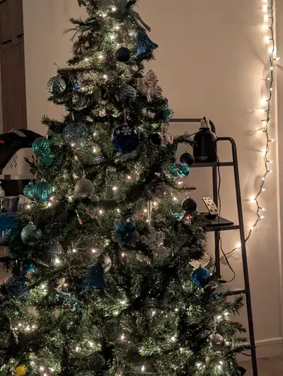 There is decorations in everything blue and gold nutcracker Christmas tree the thing that goes under...