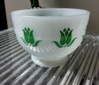 Vintage Fire King Green Tulip Milk Glass Cottage Cheese Bowl