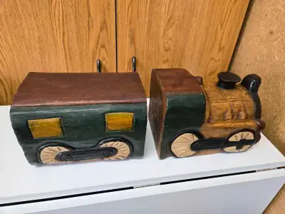CARVED WOODEN TRAIN BOOKENDS, View more