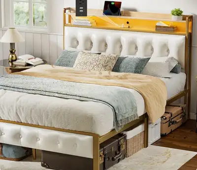 GOLD & WHITE LEATHER QUEEN ANTIOCH BED FRAME, View more